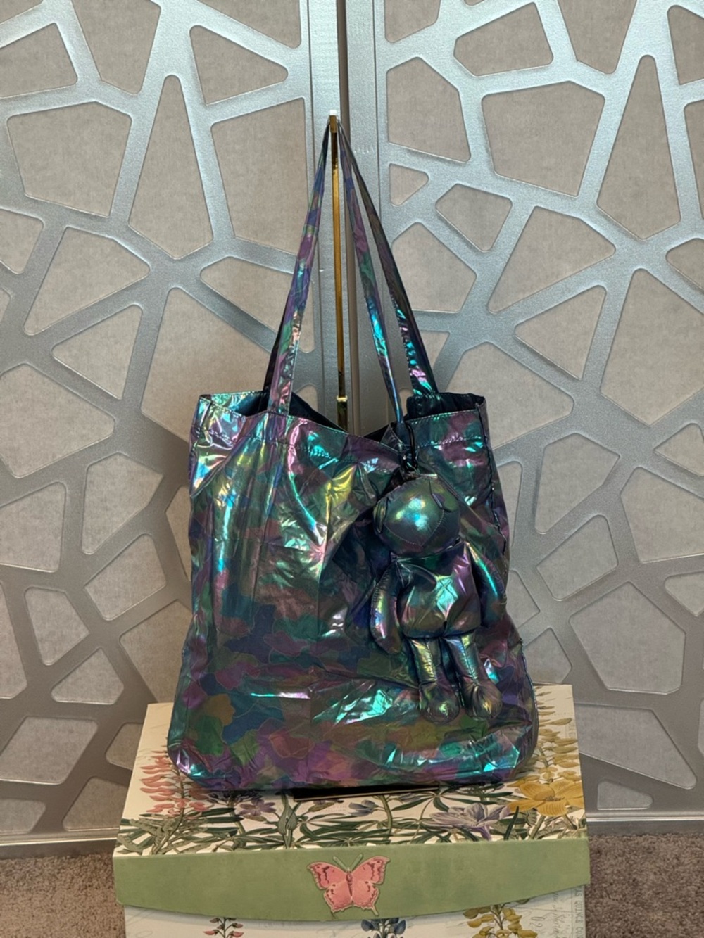 New Arrivals! Iridescent Holographic Tote Bag with Bear Charm - Combo .